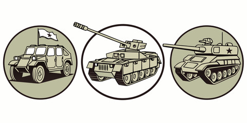 Military attack vehicle set, top-down view, black and yellow military vehicle black vehicle © Abu