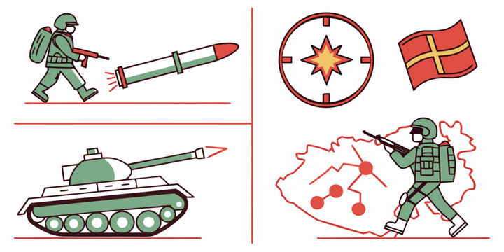Military attack strategy soldier with rifle, tank, map, and target
