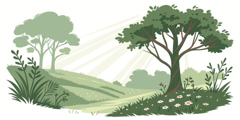 Tranquil forest clearing with sunlight rays, lush greenery, and wildflowers meadow © Abu