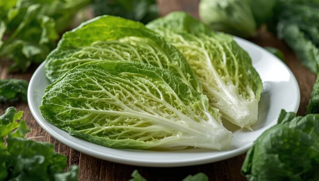 Close-up of fresh napa cabbage leaves on a white plate, showcasing organic ridges, ideal for a healthy eating theme.