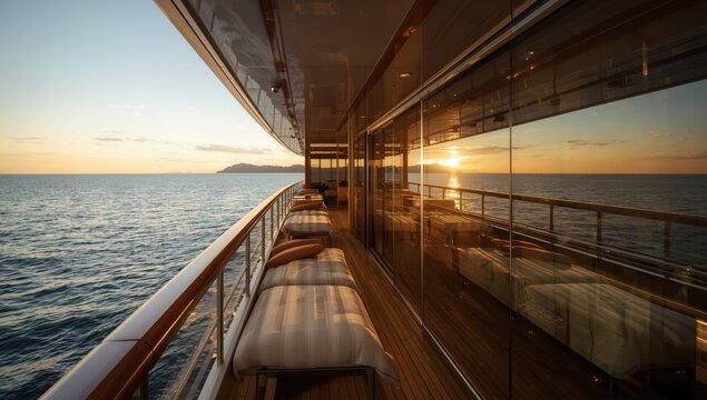 Stunning reflection of the superyacht's upper deck corridor on glass, showcasing its architecture.