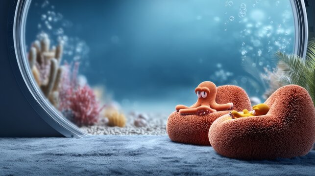 Cozy underwater living room with animated octopus relaxing on plush chair