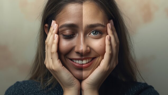 A woman conceals a sad expression behind a happy one, representing bipolar disorder and mood swings.