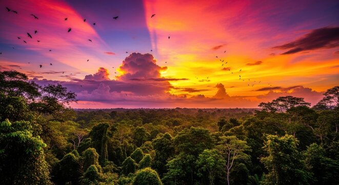 Vibrant Sunset Sky Over Lush Forest Canopy with Birds Flying