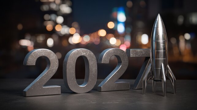 Metallic number 2027 with silver rocket model on dark urban background
