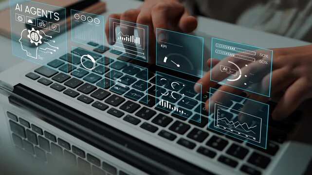 Advanced Analytics Dashboard with AI Agents Displayed on Laptop Keyboard for Business Performance Optimization Insight. Entropy.