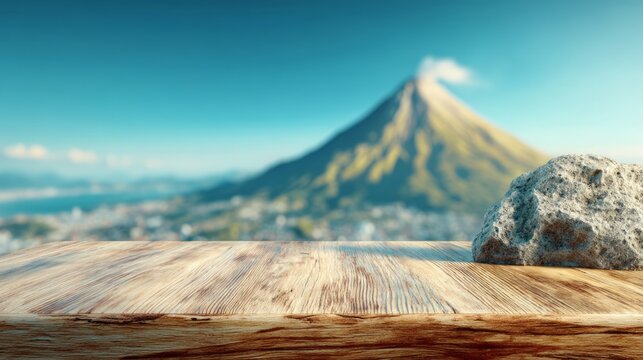 Wooden table with rock overlooking volcanic mountain and scenic landscape