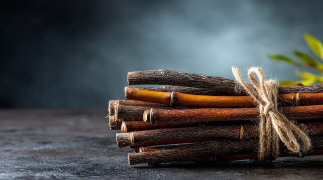 Bundle of tied natural cinnamon sticks on rustic textured surface