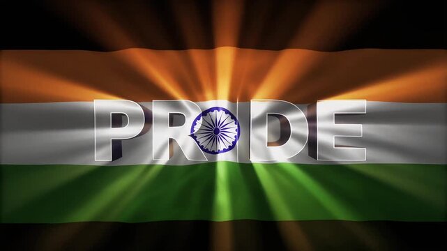 A Unique Cinematic text Pride on black background with Indian flag orange, white, green vibes using celebrations event