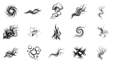 Obraz premium Hand drawn smoke and steam icons set, black ink vapor swirls and cloud elements, 15 comic style wind and gas vector illustrations on white