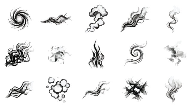 Hand drawn smoke and steam icons set, black ink vapor swirls and cloud elements, 15 comic style wind and gas vector illustrations on white