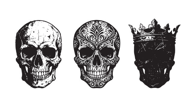 Three human skulls with different artistic including floral patterns and a royal crown, graffiti isolated on a white background, for gothic or, dark themes