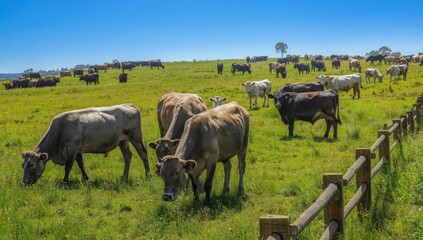 Naklejka premium Cattle feeding on grass in Australia, including Murray Grey, Angus, and Wagyu, emphasizing sustainable farming.