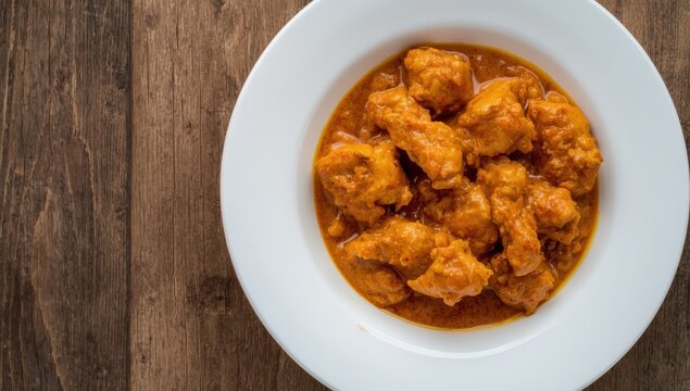 Creamy spicy coconut chicken stew, kuku paka, presented on a white plate atop a rustic wooden table, overhead view, close-up, with empty space.