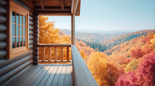 Scenic autumn forest view from wooden balcony of cozy log cabin retreat