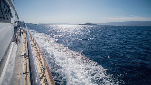 View of a vessel navigating the Mediterranean, focusing on the upper deck's bow. Yachting, exploration, freedom, and adventure at sea.