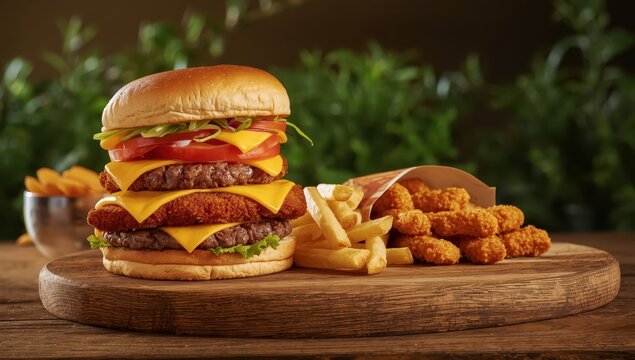 Triple cheese burger with diced steak, breaded chicken, cheddar, tomatoes, salad, a bag of tenders, and fries served on a wooden board with greenery behind.