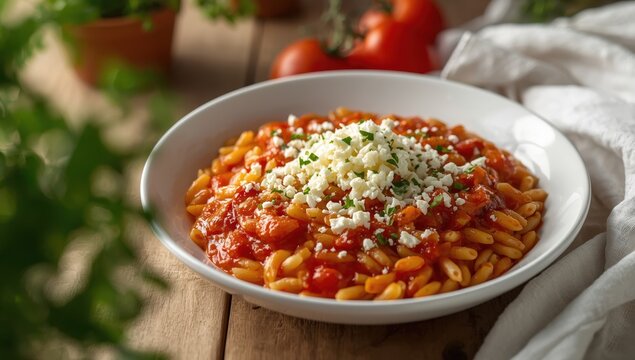 Closeup of kritharaki or orzo with tomato sauce, feta, onion, and herbs on a plate. Vertical.