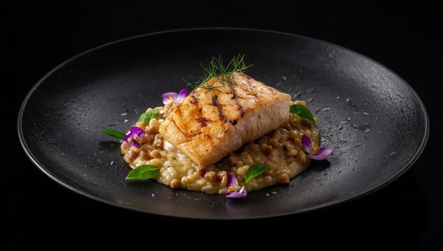 Roasted white fish risotto on a black backdrop. Grilled cod with a blend of brown and wild rice in a dark theme.