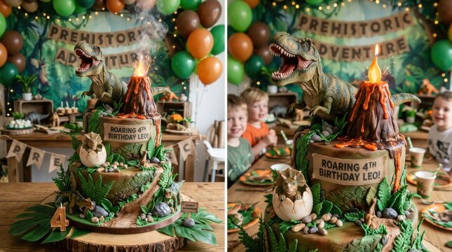 Elaborate prehistoric dinosaur volcano themed birthday cake displayed at creative kids celebration party room setup