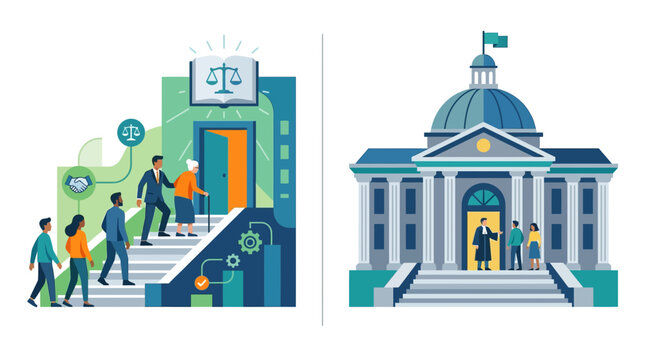 People Accessing Justice System and Courthouse Flat Vector Illustration