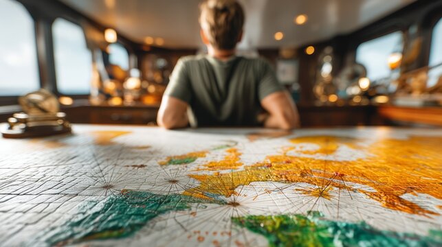 Person sitting and looking at nautical chart on ship bridge navigation table