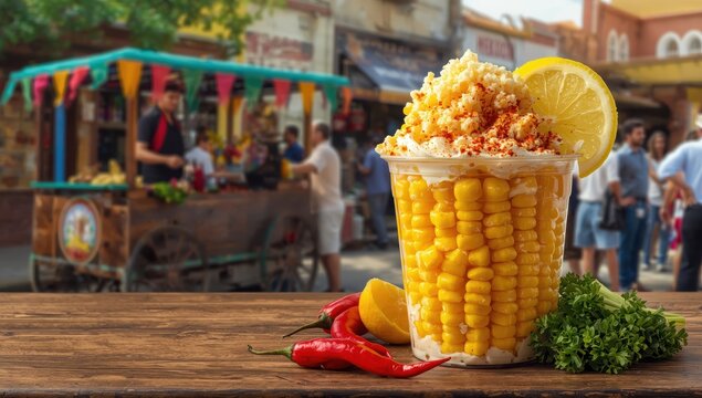 Esquites. Cooked corn served with mayo, sour cream, lemon, and chili powder; a popular Mexican street food also called Elote en Vaso, with regional recipe variations.