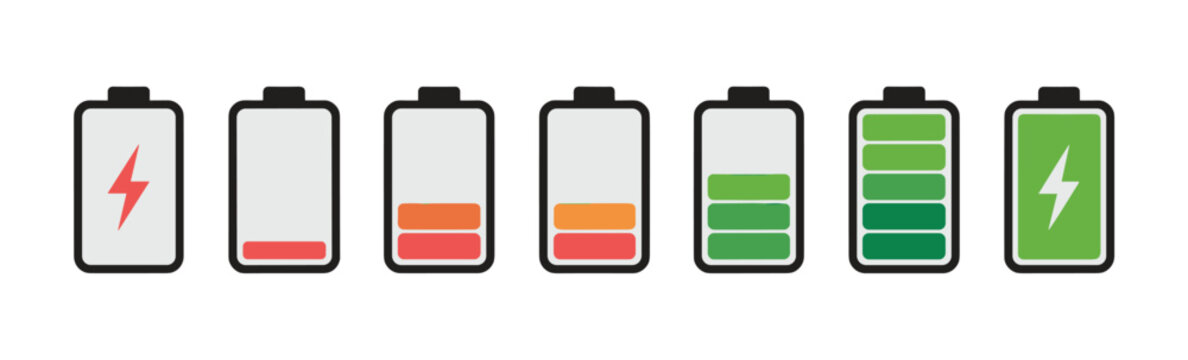Battery Level Indicators: A row of seven battery icons displays a full spectrum of charge levels, from empty red to fully charged green, symbolizing power status and energy management.