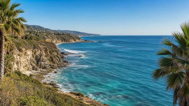 ヤシの木越しに快晴の太平洋を望むカリフォルニア海岸の岩礁と白波
