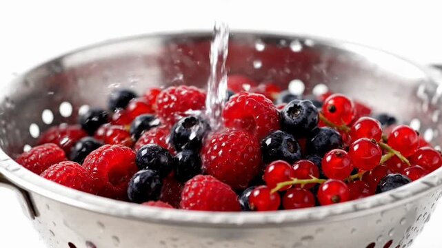 Mixed berries rinsing in colander under water stream