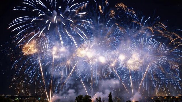 Panoramic night sky illuminated by dazzling blue and gold fireworks, shimmering bursts, festive celebration atmosphere, New Year countdown, 4K video