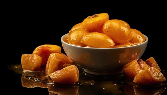 Bowl of canned peaches, apricot halves in syrup, yellow fruit treat, tinned nectarine compote, orange peach slices on dark backdrop.