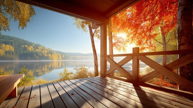 Serene autumn lake view from wooden porch with vibrant fall foliage