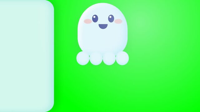 Cute Animated White Jellyfish Character Floating on a Bright Green Screen Background.