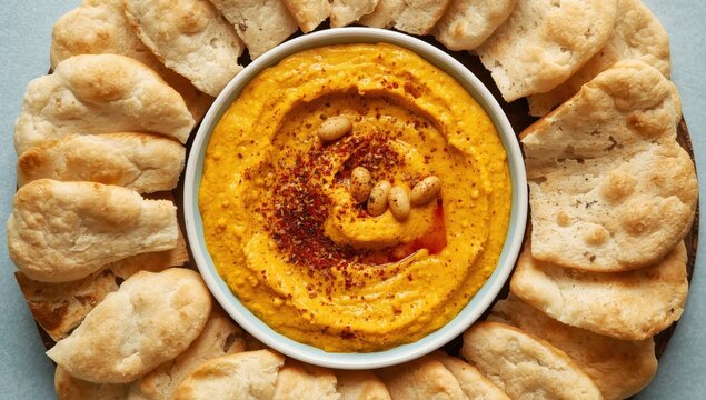 Homemade bean hummus with baked pumpkin, tahini, and spices served with flatbread on a light blue surface, overhead shot.