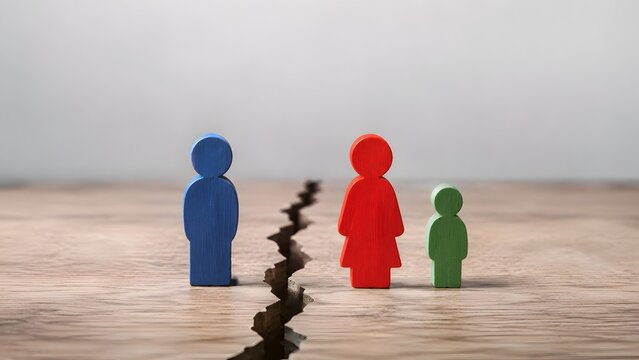 Family divorce and separation concept with wooden figures divided by a deep crack on table representing broken relationship and child custody