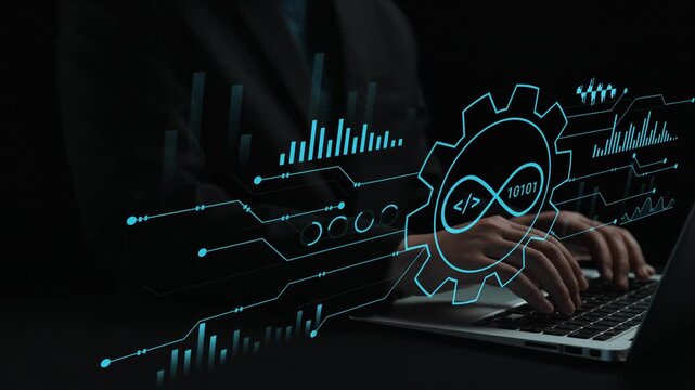 Abstract Representation of Modern Technology and Digital Innovation with Coding Elements and Data Visualization Overlaid on Hands Typing on Laptop. Entropy.