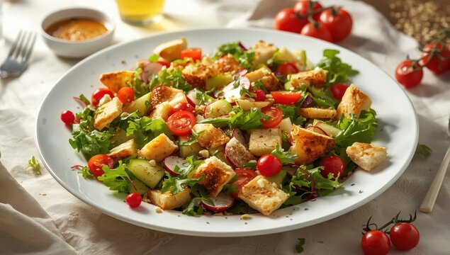 Beautiful white dish displaying Fattoush, a vibrant Lebanese salad filled with fresh veggies and crispy bread.