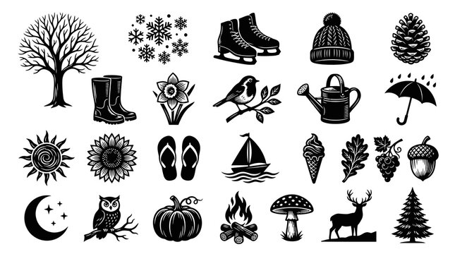 Seasons Icons: Black  White Line Art of Nature, Weather, and Outdoor Activities