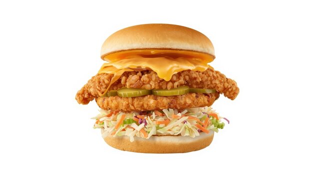 Exploded illustration of a crispy fried chicken sandwich with cheese, pickles, and coleslaw on a white background.