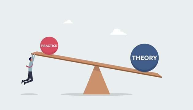 Practice and theory on the seesaw showing greater theory than reward, a man tries to make it in balance or equilibrium