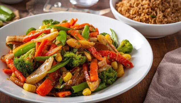 Mixed stir-fried vegetables such as broccoli, baby corn, sugar snap peas, and carrots, known as pad pak ruam, presented on a white plate alongside brown jasmine rice.