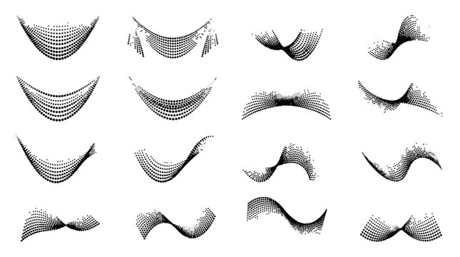 Abstract wavy line elements set, 16 black geometric wave shapes, minimalist fluid curve vector graphics for modern branding and logo design