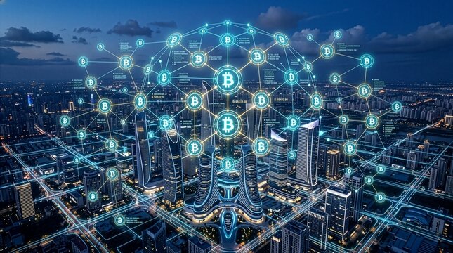 Glowing digital cryptocurrency network over a modern night cityscape