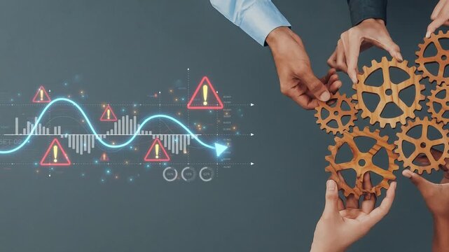 Hands are working together with gears and graphical indicators, showcasing collaboration and effective problem-solving in modern business environments. Raster