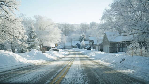 Driving along a snowy frontage road after a winter storm provides a calm experience, with the landscape's white covering creating a beautiful setting.