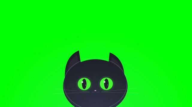 Animated Black Cat Head with Green Eyes on Chroma Key Background.