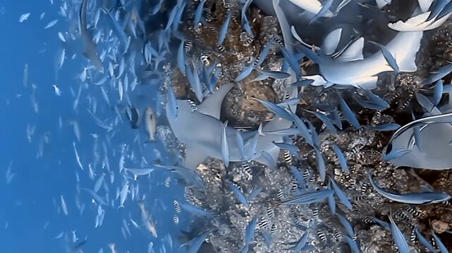 Fiji's deep blue reveals a captivating marine performance. Nurse sharks drift gently, their bodies hosting remora fish.