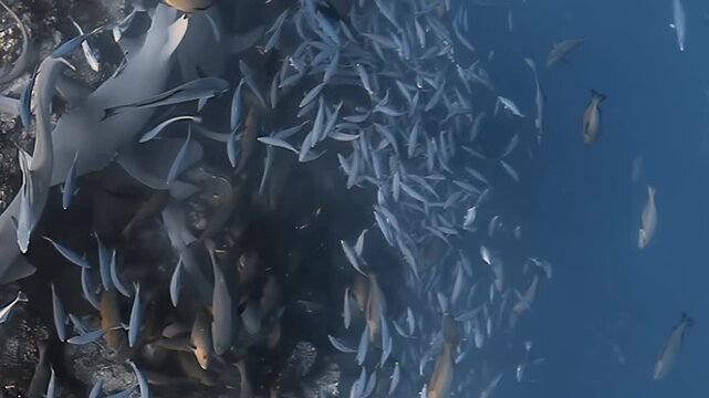 Graceful nurse sharks swim through a vast, swirling school of fish off Fiji's stunning coast. Remora fish cling nearby as marine life thrives in this captivating ocean moment.