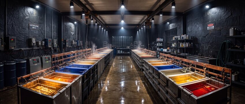 Industrial electroplating facility with large metal tanks containing colorful chemical solutions for protective surface coating work